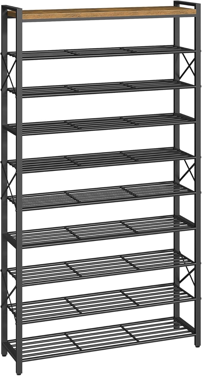 YATINEY 10-Tier Shoe Rack, 39.4" L Shoe Shelf for 45-50 Pairs of Shoes, Tall Shoe Storage Organizer with Metal Frame, Large Capacity Shoes Rack for Entryway, Closet, Rustic Brown and Black SS39BR