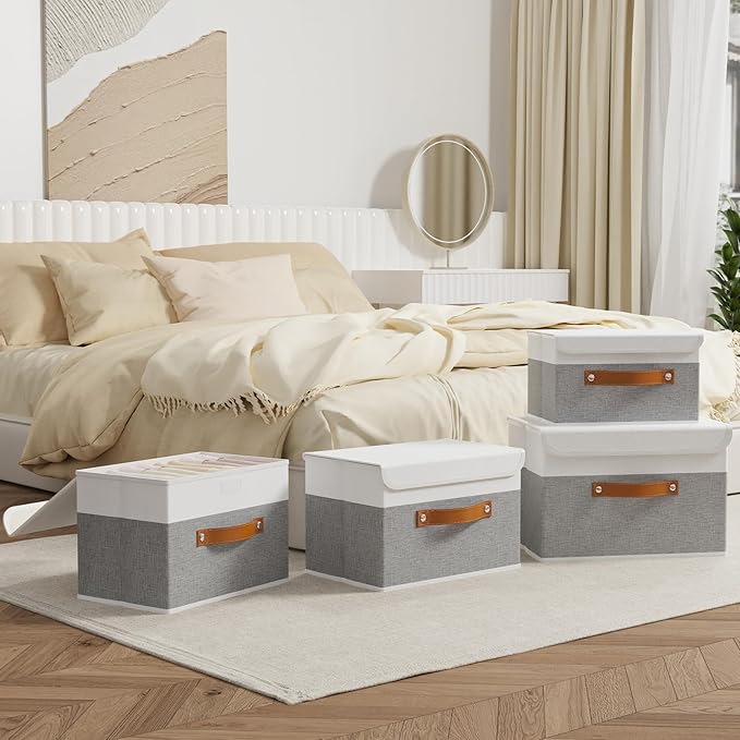 OUTBROS Large Fabric Storage Box with Lid, Collapsible Wardrobe Organiser, Linen Cubes For Towels, Clothes, 13 x 9.1 x 7.9 inch (White/Grey, 3-Pack)