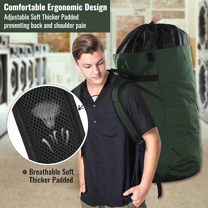 Laundry Backpack Bag 125L Extra Large, Heavy Duty for College Dorm & Apartment, Durable Thick Material Laundry Hamper with Padded Straps for Easy Carry, 3 Pockets for Travel & Laundromat (Army Green)