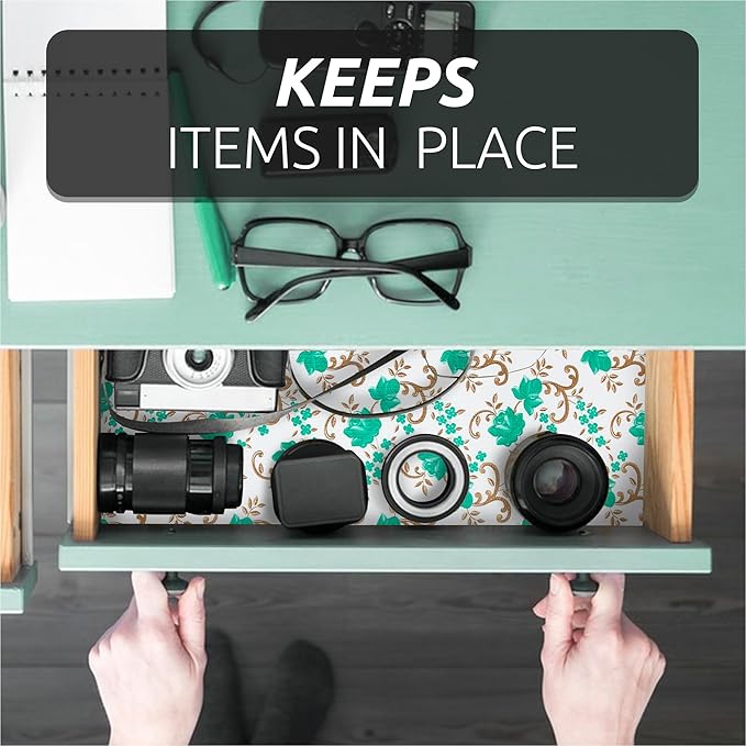 12X120 Inch Shelf Liner for Kitchen Cabinets, PVC Drawer Liner for Dresser Non-Slip Bathroom, Non-Adhesive Cabinet Liner Washable (Green Floral)(2 Roll)
