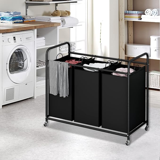 SUOERNUO Laundry Sorter Basket 3 Bag Laundry Hamper Cart with Rolling Lockable Wheels and Removable Bags Organizer Cart for Clothes Storage, Black