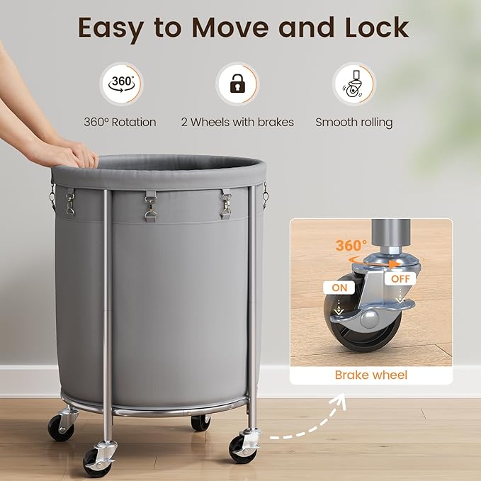 ELYKEN 190L Laundry Basket with Wheels, Large Rolling Laundry Hamper with Removable Liner Bag, Round Rolling Laundry Cart, Dirty Clothes Hamper for Hotel, Home, Closet, Dorm, Gray