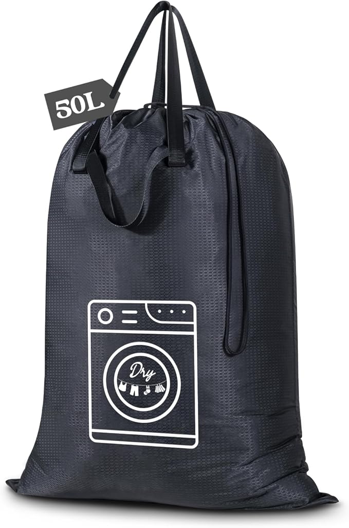 Heavy Duty Laundry Bag, Machine Washable Nylon, Splash-Resistant Dirty Clothes Storage Bag with Drawstring & Handles丨Lightweight, Foldable & Space-Saving for College Dorm, Camping, Trips, Cruise, 50L