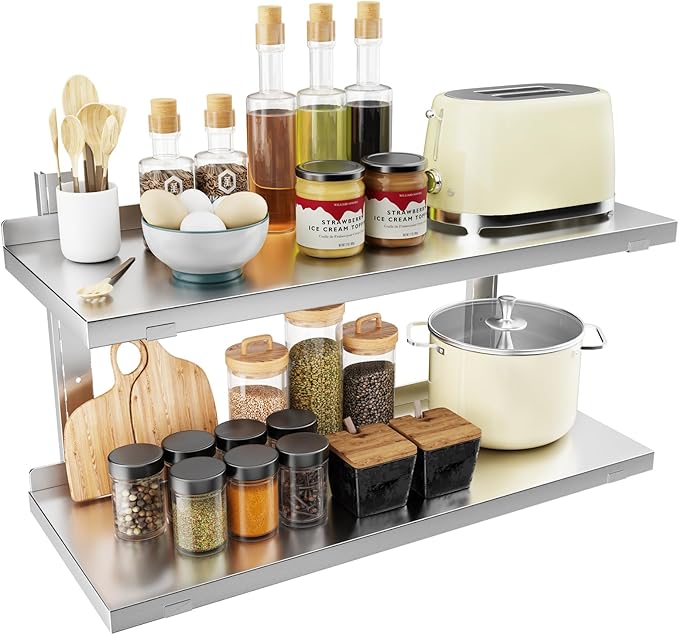 Stainless Steel Shelf, 31.5" x 12.6" Commercial Floating Wall Shelf with Brackets, 110Lbs Capacity, Adjustable Double-Layer Metal Heavy Duty Storage Rack for Restaurant, Kitchen Bar Home Hotel