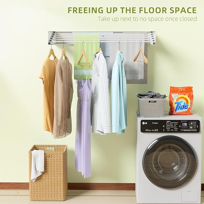 ZMBESUP Wall Mounted Clothes Drying Rack, 31.5" Foldable Collapsible Laundry Rack, Heavy Duty 60 lb Capacity Hidden Space Saver, Includes Wall Template for Laundry Room Indoor Outdoor Balcony (White)