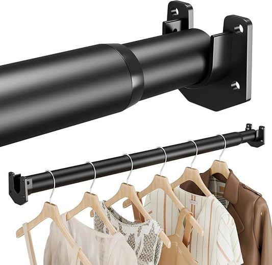 Closet Rods for Hanging Clothes, 17-28 Inch Stepless Adjustable Closet Rod, 1.3 Inch Heavy Duty Metal Clothes Hanging Rod, Expandable Closet Bar Hanger Rod Black for Closet Wardrobes Laundry RV