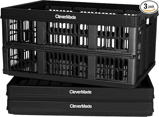 CleverMade Collapsible Utility Crates, Obsidian, 3 Pack, 45L/11 Gal, 66 lbs Capacity, Stackable Containers, Heavy Duty, Space-Saving Baskets,Polypropylene (PP)