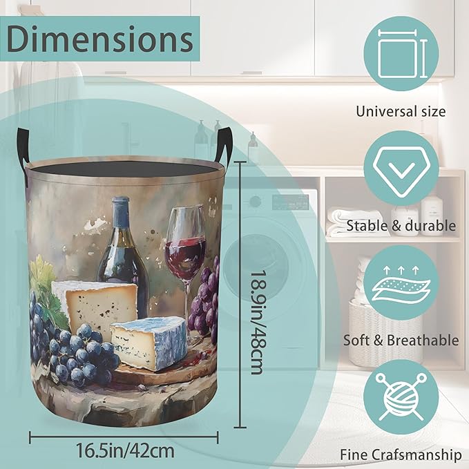 Laundry Hamper Foldable Oxford Cloth Wine Grapes Laundry Basket With Handle Portable Clothes Storage Organizer Basket Storage Bag For Laundry Room/Bedroom/Bathroom