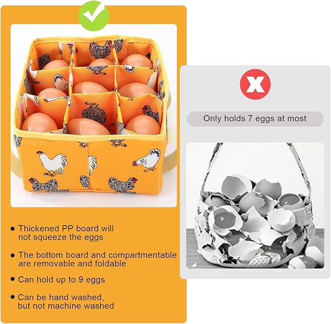 Removable Egg Collecting Basket, Egg Basket for Gathering Fresh Eggs with 9 Pouches, Foldable Canvas Egg Holder, Collector Egg for Chicken, Duck, Goose, Collection (Yellow-flowered Chicken)