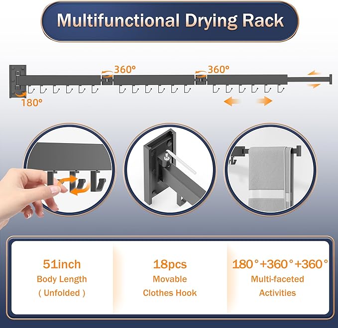 ZdwCyl Clothes Drying Rack,Laundry Drying Rack Wall Mount, Space Saver Clothes Rack,Retractable,Collapsible(Tri-Fold), for Balcony,Laundry,Bathroom, Dark Grey Color,3z-g02