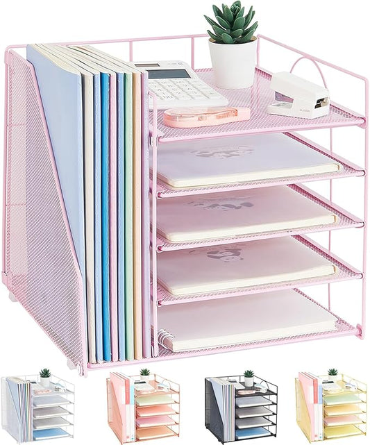 LEKETREE Desk Organizers and Accessories, 5-Tier Paper Letter Tray Organizer with File Holder, Desktop Organizer for Office Supplies (Pink)