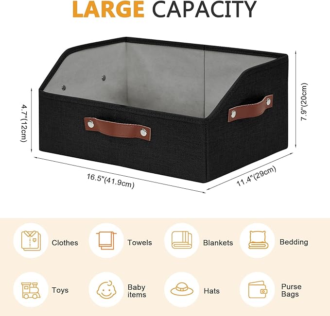 Bagnizer Closet Organizers and Storage, Linen Trapezoid Storage Bins with Handles, Collapsible Shelf Organizer for Blanket, Towel, Clothes, Hats, Purse (Black)
