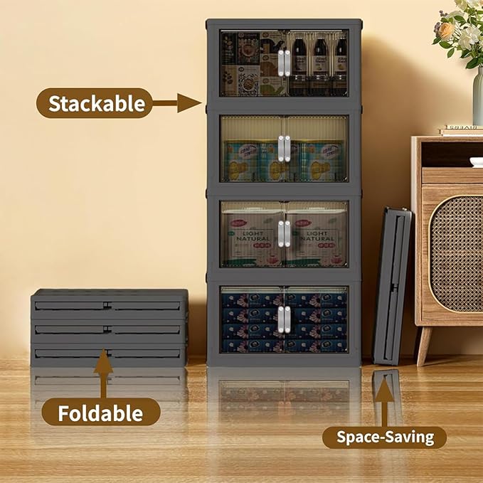 131QT 4 Tier Stackable Storage Bins with Lid & Door, 32 Gal Collapsible Plastic Storage Containers with Locking Wheel, Space Saving Foldable Organizer for Home Bedroom Office Gray 4T