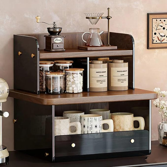 Acrylic Coffee Cup Display Shelf, Multi-Layer Countertop Mug Organizer with Pull-Out Drawer, Retro Water-Ripple Design, 2-Tier Storage Rack for Kitchen, Coffee Bar, or Entryway (Walnut with Black Tea)