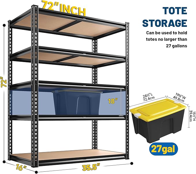 ROOMFAVE 72" H Storage Shelves 5 Tier Metal Shelving Unit,2050LBS Adjustable Garage Shelving Heavy Duty, Garage Shelves for Basement, Warehouse, Pantry, Closet, Kitchen 72" H x 35.5" W x 16" D, Black