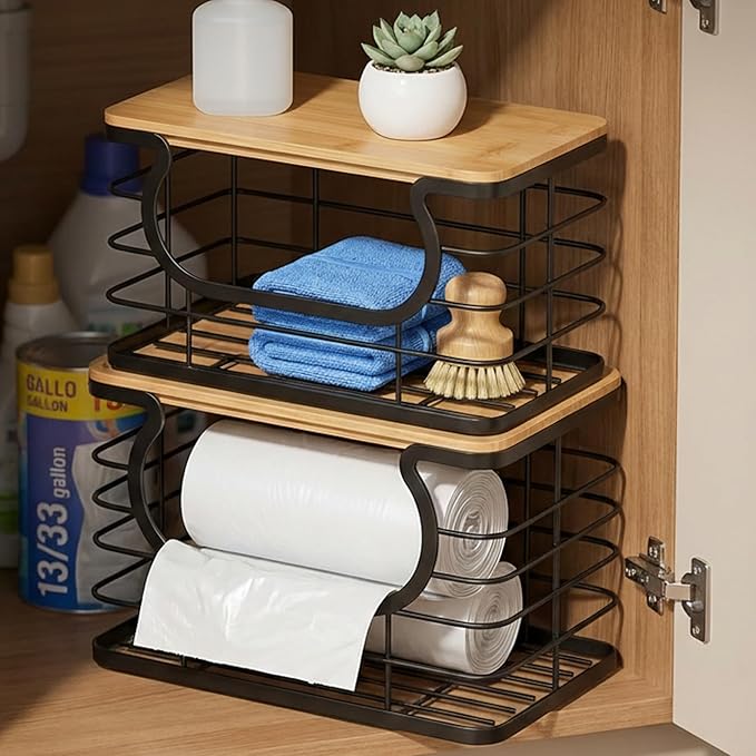 REFGY 2-Pack Stackable Trash Bag Holder with Natural Fiber Top, 10-Inch Wide Opening Garbage Bag Dispenser for 13 to 33 Gallon Rolls, 11" x 7.1" x 5.9" Under Sink Organizer for Kitchen & Laundry