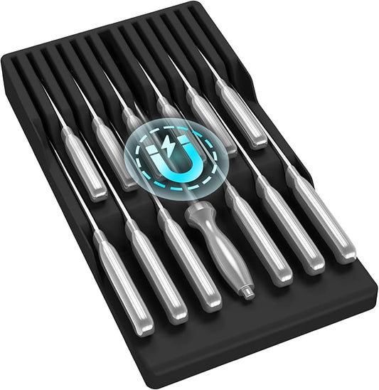 Lifewit Magnetic Drawer Knife Organizers Insert, Kitchen Plastic In Drawer Knife Block Slots, Steak Chefs Knives Holder Storage Sets for 12 Knives and 1 Sharpening Steel, Large, Black