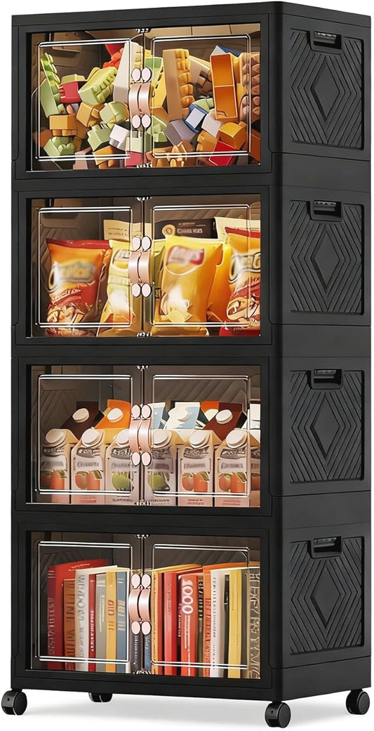 Collapsible Storage Bins with Lids&Wheels-252QT(63Gal) Stackable Plastic Containers with Doors,Heavy-Duty Foldable Organizer Bins for Home,Office,Books,Black,4-Pack