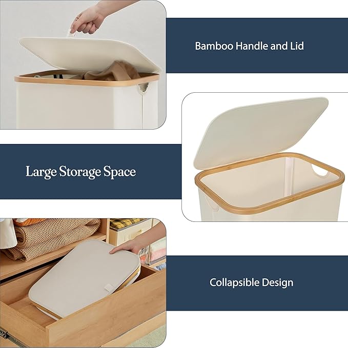 Fine Living 100L Large Laundry Hamper with Lid, Narrow Foldable Slim Laundry Basket with Removable Bag & Bamboo Handles, Skinny Tall Dirty Clothes Hamper for Dorm, Bathroom & Bedroom, Ivory