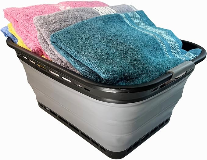 SAMMART 42L (11 gallons) Collapsible Plastic Laundry Basket - Portable Pop Up Storage Container/Organizer - Portable Hamper - Space Saving Easy Storage (Black/Frost Grey (Set of 2))