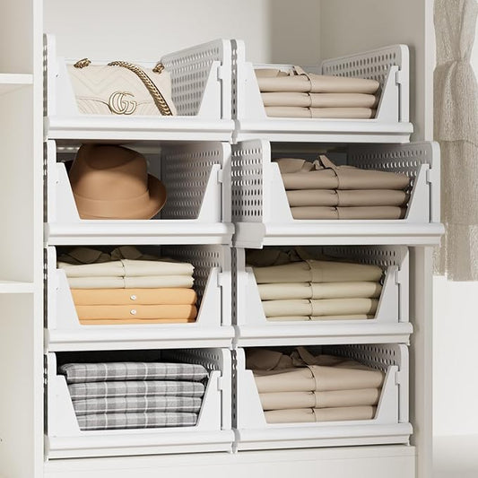 Proarea 5 Pack Stackable Storage Bins, Closet Organizers and Storage, Foldable Closet Organizer Baskets for Clothes, Plastic Drawer Bins for Closet Organization, Wardrobe Shelf, Laundry Room, White