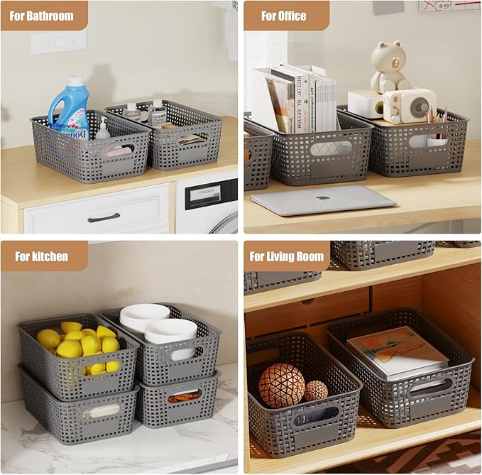 8 PCS Plastic Storage Baskets with Lids, Stackable Storage Bins with Lids & Labels for Organizing, Small Storage Bins for shelves, Office, Drawer, Cabinet & Pantry,Nursery Organization,10.2*7.2*4.1In