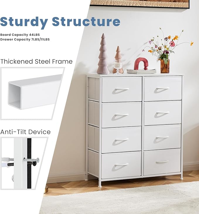 DUMOS Dresser for Bedroom with 8 Fabric Drawers, Tall Chest Organizer Units for Clothing, Closet, Kidsroom, Storage Tower with Cabinet, Metal Frame, Wooden Top, Lightweight Nursery Furniture, White