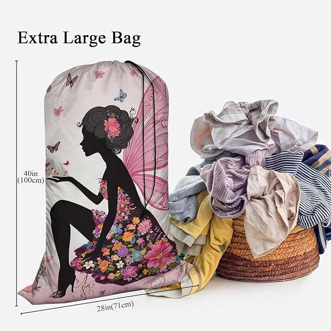 Swono Extra Heavy Duty Laundry Bag Butterfly Girl Fairy, Cartoon Flower Magic Silhouette X-Large Dirty Clothes Drawstring Bag, Washable Laundry Liner for Hamper, Ideal for Camp, Travel