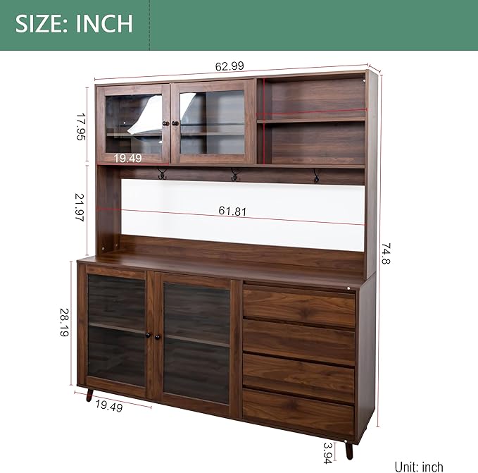 Farmhouse Kitchen Pantry Cabinet, 74.8" Tall Freestanding Cupboard with Multi-Tier Storage Rack and Microwave Stand for Kitchen, Dining Room, Walnut