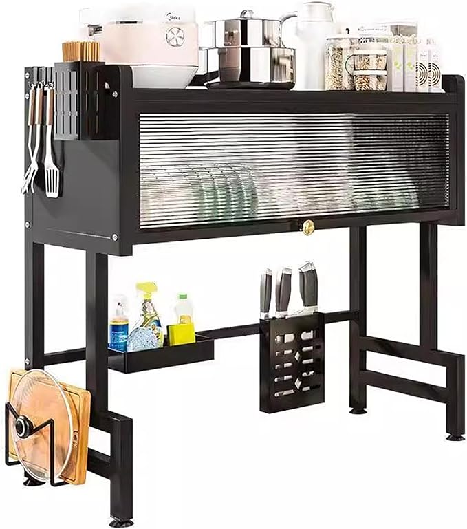 Over The Sink Dish Drying Rack, 3-Tier Dish Drying Rack with Cover, Large Sink Storage Organizer with Hooks and Clear Flip Door for Kitchen Counter, Black (41.3")