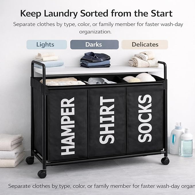 Rolling Laundry Hamper 3 Section with Wheels, Heavy Duty Metal Frame, Waterproof Polyester Fabric, Large Capacity Laundry Sorter for Easy Pre-Sorting and Effortless Transport