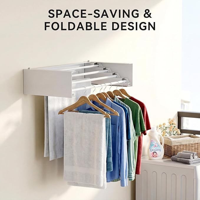 Wall Mounted Drying Rack - 23.6 Inch Stainless Steel Clothes Drying Rack Collapsible, Heavy Duty 60LBS Laundry Drying Rack, Retractable Folding Dryer Racks for Laundry Drying Indoor/Outdoor