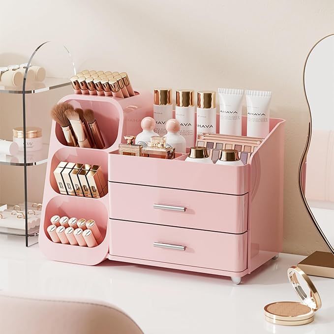 Booklov Makeup Organizer for Vanity, Large Capacity Cosmetic Display Case with Drawers, Countertop Beauty Storage Holder for Skincare, Brush Eyeliner Perfume Eyeshadow Lipsticks, Counter Desk, Pink