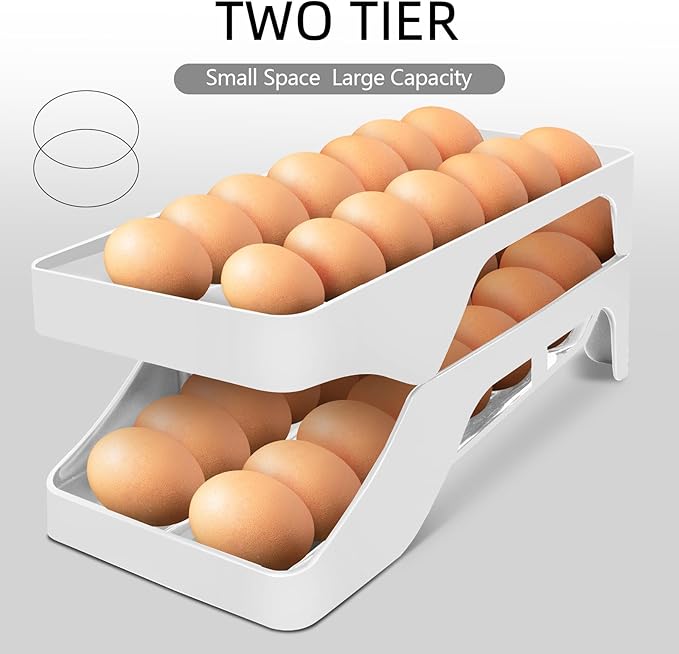 Egg Holder for Fridge Automatic Rolling Egg Dispenser for Refrigerator Kitchen Countertop - Space-saving Egg Roller/Organizer/Storage/Container/Tray for Fridge Double Track