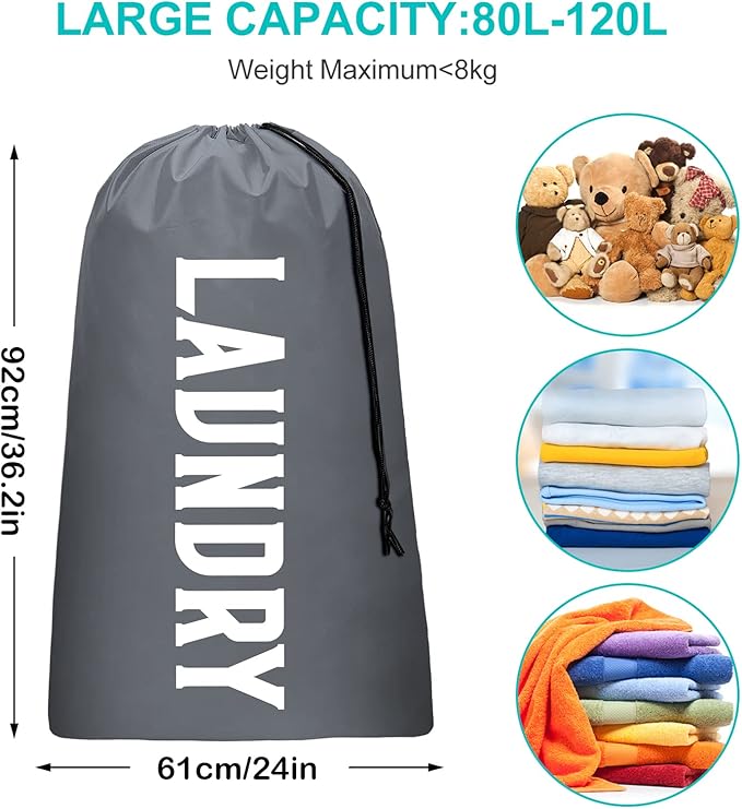 2 Pack XL Travel Laundry Bag, Machine Washable Dirty Clothes Organizer, Large Enough to Hold 4 Loads of Laundry, Easy Fit a Laundry Hamper or Basket (Khaki + Grey)