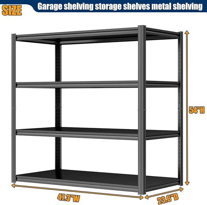 PRESTELION 54" H-47 W Storage Shelves Heavy Duty 2000LBS Garage Shelving 4-Tier Metal Shelf Adjustable Storage Rack for Basement, Warehouse, Pantry, Closet, Kitchen 54" H x v47.3 W x 23.6" D, Black