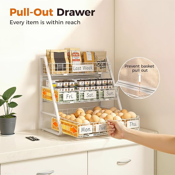 Sevenblue Upgraded Egg Holder Countertop with Removable 5 Dividers & Date Plate, 3 Tier Pull Out Large Egg Basket for Gathering Fresh Eggs, Kitchen Organizer, The Size - 16.7“x16.6”x11.3