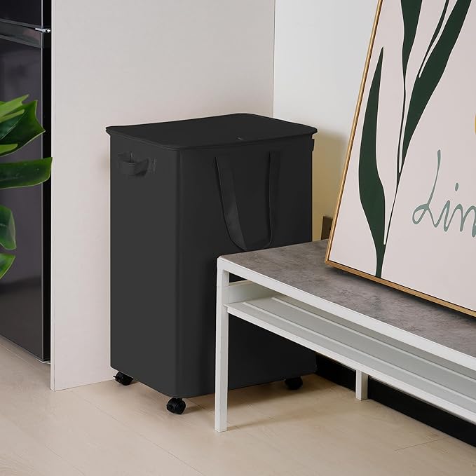 Vincona Slim Laundry Hamper with Lid and Wheels, Small Rolling Laundry Basket with Handle for Small Spaces, Tall Dirty Clothes Hampers for Dorm, Bathroom and Bedroom, 95L Black