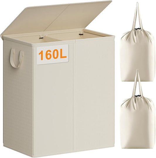 Chrislley 160L Laundry Hamper 2 Section, Double Laundry Basket with Lid, Large Dirty Clothes Hamper with Removable Liner Bags, Collapsible Laundry Organizer for Bedroom, Dorm,Beige