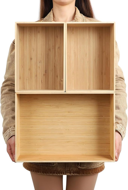 BAMOTTO CRAFTBAMBOO 3-Piece Large Bamboo Storage Box Set - 7.1in High Stackable Deep-Drawer Organizer, Lidless Bamboo Bin for Kitchen Cutlery Utensils Knives (14.6"x10.2"x7.1"*1 + 10.2"x7.3"x3"*2)