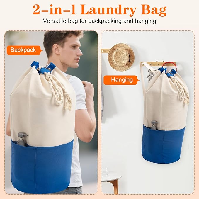 NAHADS Blue single-shoulder backpack-style laundry bag made of durable canvas material with a drawstring closure design, suitable for use at university, camping, laundromats, and apartments.