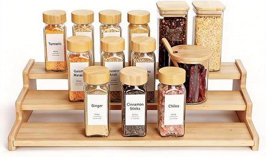 Bamboo Spice Rack，3-Tier Spice Rack Organizer for Cabinet or Pantry (Bamboo, L)