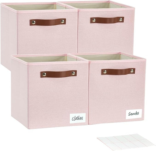 Bagnizer Collapsible Fabric Storage Cube Bins with 2 Reinforced PU Handles, Foldable Storage Organizer Baskets for Closet, Shelves, Living Room | 11"x11"x11", 4 Pack, Full Pink