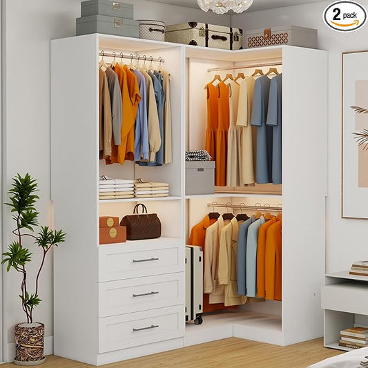 Closet System with 3 Wooden Drawers, 4.5-6FT Corner Closet Organizer System for Walk in Closet, Heavy Duty Modular Closet Systems, Built-in Shelving System with 5 Hanging Rods, 2-Piece Set