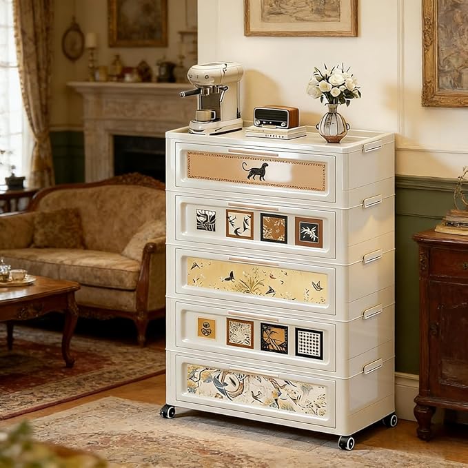 300QT Foldable Storage Cabinet with Lids, Stackable Storage Drawers with Doors and Wheels,ABS Durable Storage Cabinet Organizer for Home, Living Room, Kitchen, Stylish Home Decor (5 Tier)