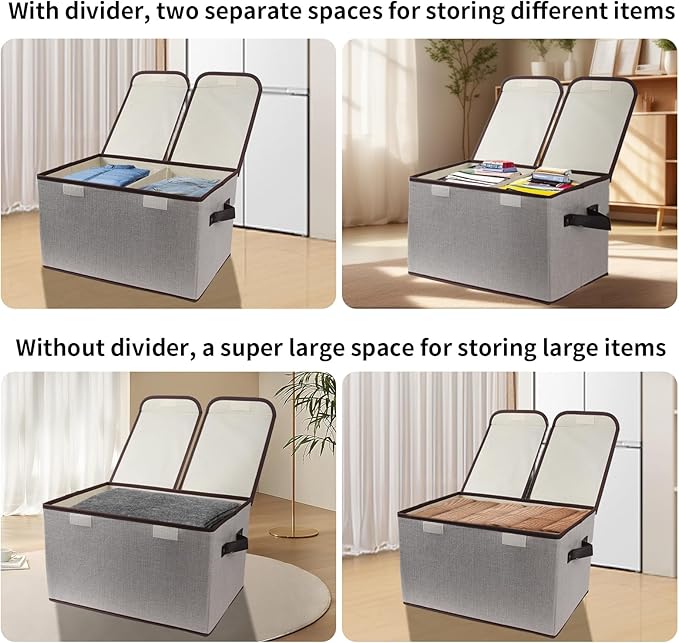 Foldable Fabric Storage Box with Double-Lid & Dividers, Large Organizer for Home, Closet, Office (Grey, 2 Packs)
