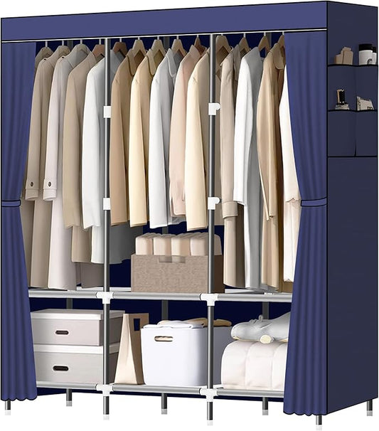 LOKEME Wardrobe Closet,Portable Closet for Bedroom Steel Pipe Diameter 19mm Strong and Sturdy Navy Blue Portable Closets for Hanging Clothes with 3 Hanging rods, 6 Storage Shelves and Side Pocket