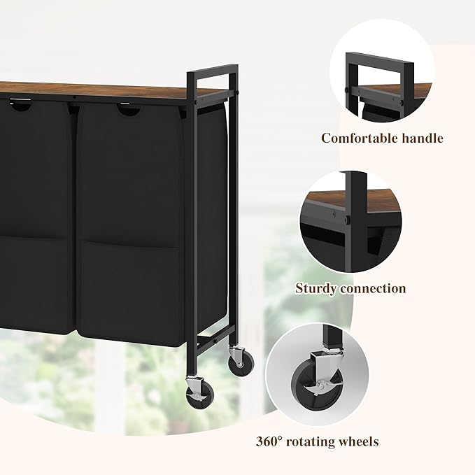 Laundry Sorter with Wheels & 100lb Top Shelf, Rolling 3 Section Removable Pull-Out Fabric Bags Hamper Basket, Sturdy Rustic Brown Black Iron Organizer for Room Organization