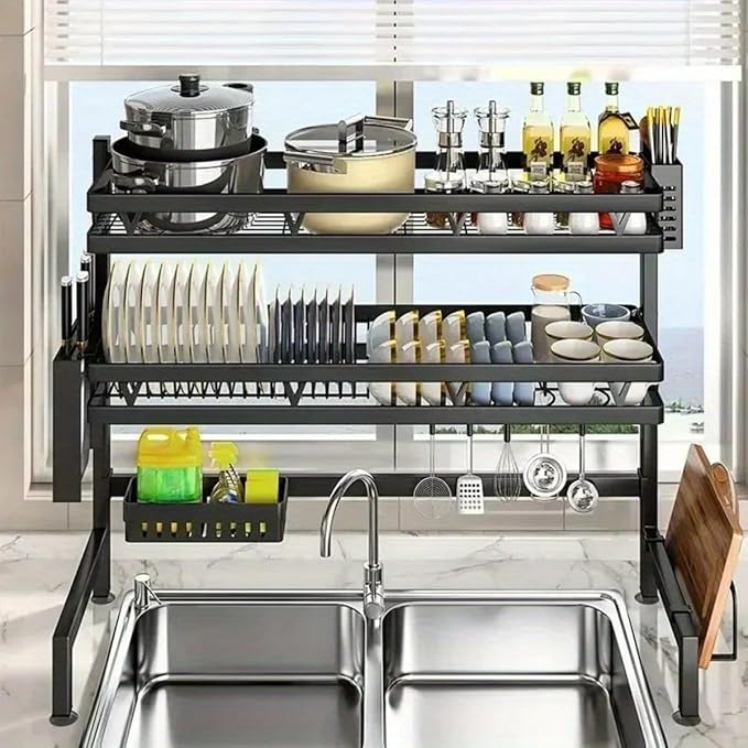3-Tier Over Sink Dish Draining Rack Adjustable Width and Height with Phone Holder Cup Holder, Knife and Chopstick Holder, Cutting Board Rack, Space-Saving Rack