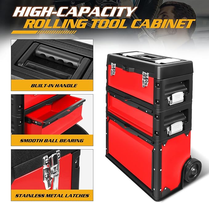 Magshion Heavy-Duty Rolling Tool Box, 3-Tier Stackable Tool Chest System with Wheels & Drawers, Modular Organizer for Small Parts and Tools, Mobile Garage Workshop Storage in Black/Red